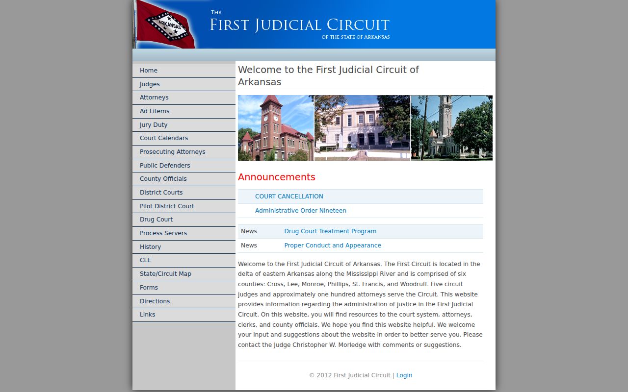 Arkansas First Judicial Circuit page showing Monroe County court routing