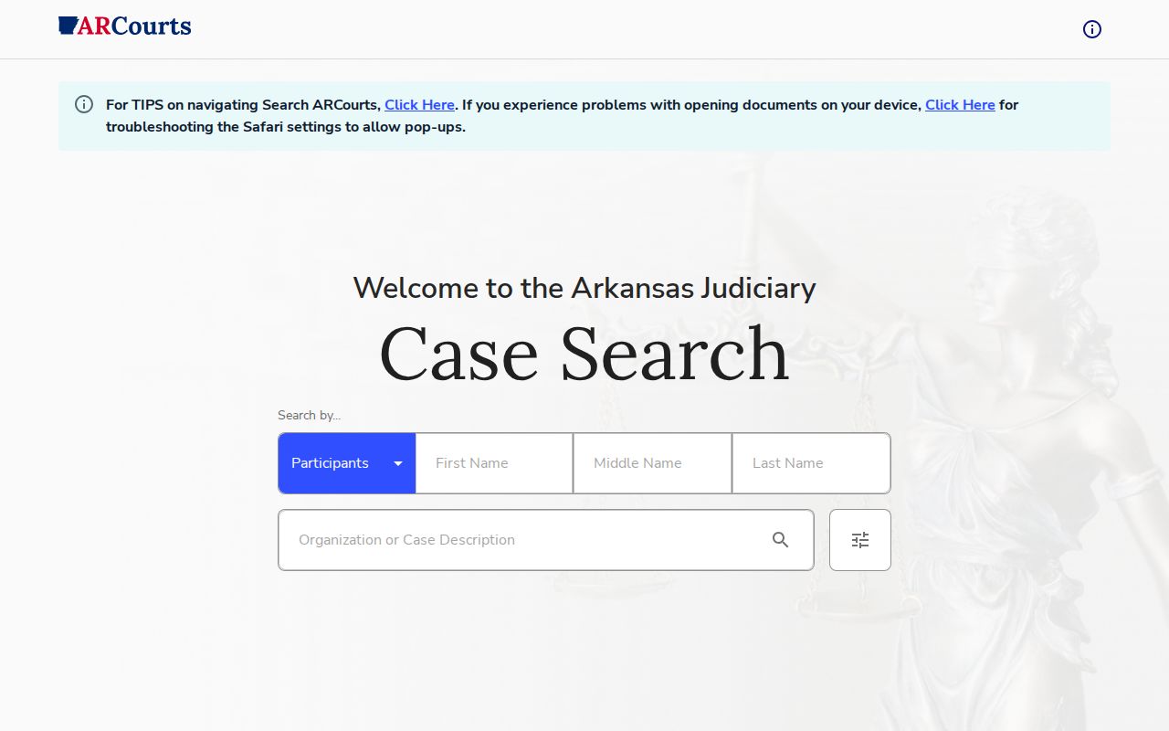 Search ARCourts public participant search interface for Monroe County court records